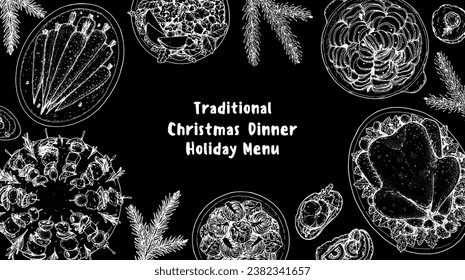 Christmas food. Christmas dinner. Holiday menu. Food design template. Engraved style background. Food and drink set. Hand drawn sketch, design template.