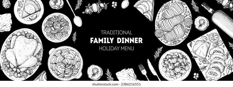 Christmas food. Christmas dinner. Holiday menu. Food design template. Engraved style background. Food and drink set. Hand drawn sketch, design template.