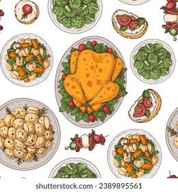 Christmas food. Christmas dinner. Seamless pattern. Holiday menu. Food design template. Food and drink set. Hand drawn design template.