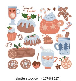Christmas food and drink big cute set. Gingerbread man, candy, cookies, cupcake, pudding and other sweets with cozy holiday mugs, cups. Colorful stickers for New Year menu. Flat vector illustration.