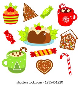 Christmas food and drink. Gingerbread cookies, candy cane, sweets and other. Colorful stickers, icons for New Year menu and other design