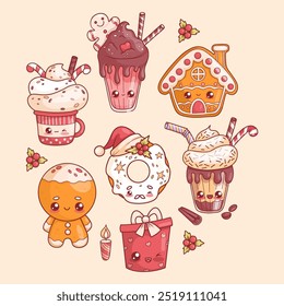 Christmas food and drink set. Cute gingerbread cookies, cup with cream dessert, man and house, donut Santa, gift and chocolate cream milkshake with caramel. Isolated vector holiday kawaii characters