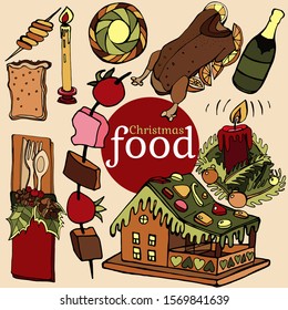 Christmas food, drinks and accessories, namely champagne, duck, gingerbread house, barbecue, bread, Cutlery, candles.