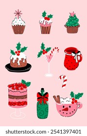 Comida e bebidas de Natal com bolo de Natal, cacau, sobremesa, cupcake, coquetel e cana de doces