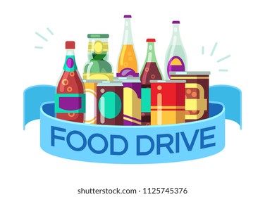 Christmas food drive. Canned soup and drinks, gift homeless vector concept. Illustration of drink soup, canned tomato