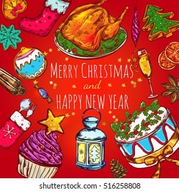 Christmas food frame background with seamless composition of hand drawn style holiday accessories meal and text vector illustration