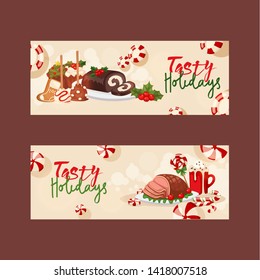 Christmas food for holiday decoration xmas sweet celebration vector traditional festive family table winter meat homemade dish. Seasonal decorative meal dinner.