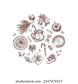 Christmas food and holiday desserts illustration in vintage style