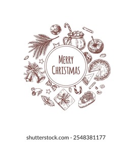 Christmas food and holiday desserts illustration in vintage style