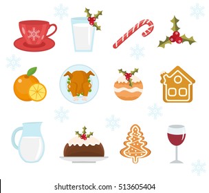 Christmas Food Icons Set. Set Of Traditional Christmas Food And Desserts Food For Santa. Set Of Festive Food And Decorations For Christmas Table. Holiday Dinner Food Icons. Vector Illustration