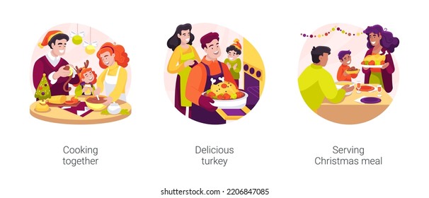 Christmas Food Isolated Cartoon Vector Illustration Set. Family Cooking Together Traditional Food, Father Taking Out Delicious Turkey From The Oven, Mother Serving Christmas Meal Vector Cartoon.