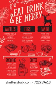 Christmas Food Menu For Restaurant And Cafe. Design Template With Holiday Hand-drawn Graphic Illustrations.