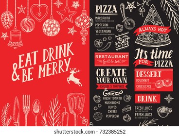 Christmas Food Menu For Restaurant And Cafe. Design Template With Holiday Hand-drawn Graphic Illustrations.