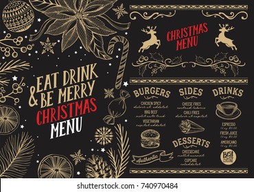 Christmas food menu for restaurant and cafe. Design template with holiday hand-drawn graphic illustrations.