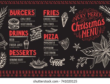 Christmas food menu for restaurant and cafe. Design template with holiday hand-drawn graphic illustrations.