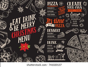 Christmas food menu for restaurant and cafe. Design template with holiday hand-drawn graphic illustrations.