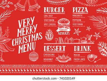 Christmas Food Menu For Restaurant And Cafe. Design Template With Holiday Hand-drawn Graphic Illustrations.