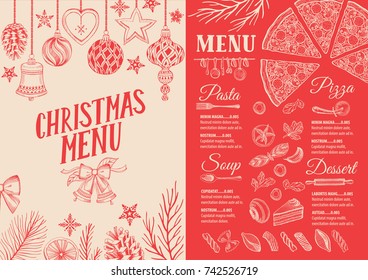 Christmas food menu for restaurant and cafe. Design template with holiday hand-drawn graphic illustrations.