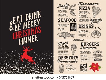 Christmas food menu for restaurant and cafe. Design template with holiday hand-drawn graphic illustrations.