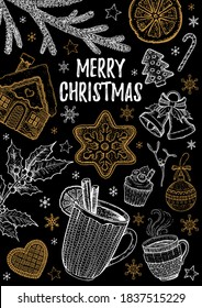 Christmas food menu. Xmas vector holiday graphic. Party invitation. Dinner winter illustration. Greeting card, flyer, brochure, restaurant menu, poster. hipster vintage design with typography