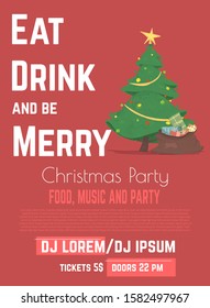 Christmas Food and Music Party with DJ Performance Cartoon Vector Advertising Flyer, Promo Poster or Invitation Card Design Template with Wrapped Gifts in Santa Sack Under Christmas Tree Illustration