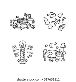 Christmas food and objects. Vector set of isolated ginger cookies, Christmas eve meal, cute night scene with a girl sleeping in bed and sparkling candle. Black and white icons for winter design