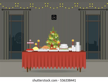 Christmas Food On The Table Decorating With Christmas Tree, Table For Festive Holiday Romantic Dinner, Banquet Table With Food And Drinks, Flat Design Style Vector Illustration