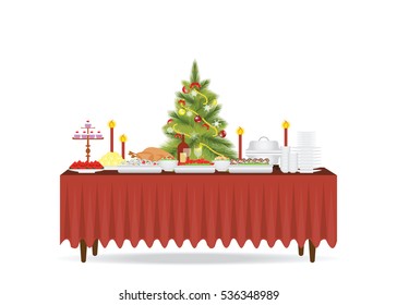 Christmas food on the table Decorating with Christmas tree isolated on white background, table for festive holiday romantic dinner, Banquet table with food and drinks,vector illustration