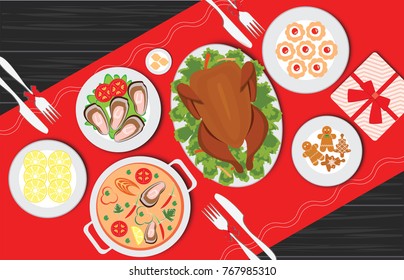 Christmas food on the table, table for festive holiday romantic dinner, banquet table with food and drinks, Thanksgiving table served with turkey, top view flat design style vector illustration.