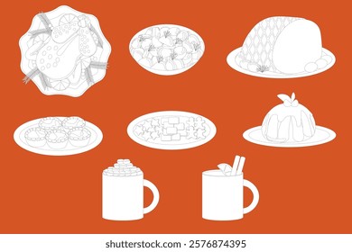 Christmas Food Outline Collection. Vector illustration.