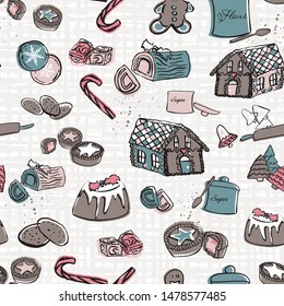 Christmas food pattern with cookies, gingerbread, pies and candy. Charming retro hand drawn holiday season home baking print design. Vector background