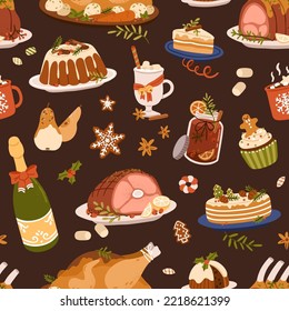 Christmas food pattern. Seamless Xmas background with traditional dishes, winter holiday meals, drinks, desserts. Repeating print with festive turkey, pudding, cake. Colored flat vector illustration