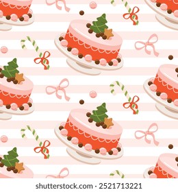 Christmas food pink sweet delicious seamless pattern isometric vector illustration. Xmas holiday traditional dessert cake candy cane with spruce bow homemade cooking delicious for festive celebration