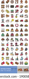 Christmas food related christmas ice cream cup, cup cake, celebrate cake, hot dog, fruits, juices, wine bottle, tea cup, pot gingerbread, vegetables and christmas house vectors with editable stroke