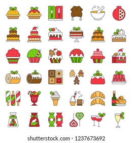 christmas food related icon set such as bakery; wine; biscuit; layered cake decorated with holly