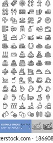 Christmas food related Santa house, cookies, lollipop, chestnut, chocolate tree, noddle's, chicken, Santa stick, fish, cake, jelly, coffee, tea cup, jam jar, and honey jar vector with editable stroke