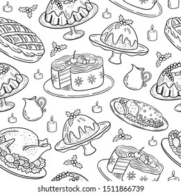 Christmas food seamless pattern. Hand drawn doodles black outlines on white background. Holiday dinner print. Roasted turkey, pudding, cake, pie. Festive food design. Surface textile print line art.