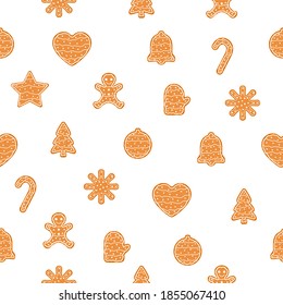 Christmas food seamless pattern white background. Gingerbread cookies icon set. Vector illustration isolated on white.