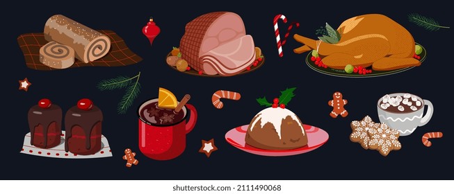 Christmas food set. Bunch of delicious festive dishes, sweet cupcakes, baked chicken, meatloaf, ginger cookies, mulled wine and warm drinks. Cartoon flat vector collection isolated on black background