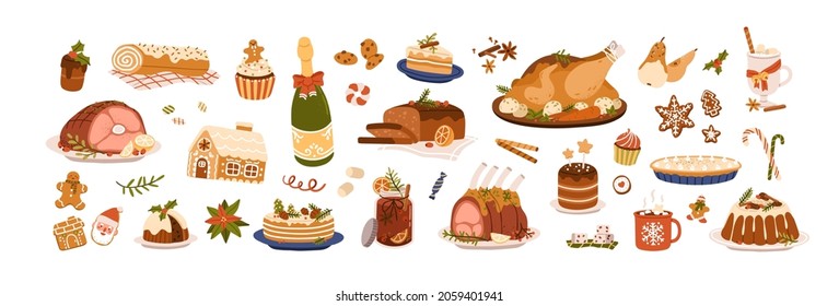 Christmas food set. Festive dishes for winter holiday meal. Turkey, sweet desserts, pie, gingerbread, hot drinks and other treats for Xmas party. Flat vector illustration isolated on white background