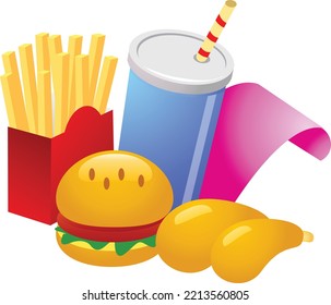 Christmas food set. Festive dishes for winter holiday meal.  sweet desserts, frech fries, burger, hot drinks and other treats for Xmas party. Flat vector illustration isolated on white background