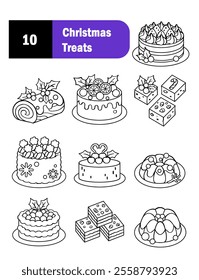 Christmas food set. Festive dishes for winter holiday meal. sweet desserts and other treats for Xmas party. illustration isolated on white background