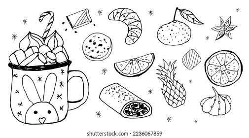 Christmas food set, hand drawn, vector illustration. Cocoa with marshmallows, strudel, tangerine, pineapple, cinnamon, chocolate, orange wedge, biscuit, bagel. On a white background.