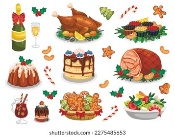 Christmas food set. Traditional festive dishes, desserts and drinks for Xmas dinner. Turkey, ham, caviar, cake, mulled wine and gingerbread. Cartoon flat vector collection isolated on white background