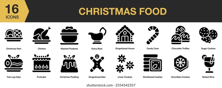 Christmas Food solid icon set. Includes chicken, candy cane, gravy boat, fruitcake, sugar cookies, wine, and More. Solid icons vector collection.