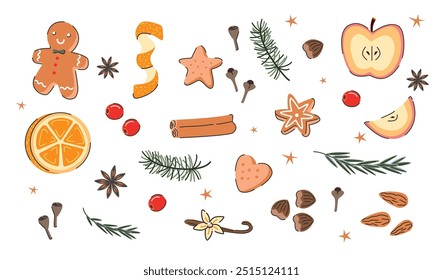 Navidades de comida y especias. Conjunto de pan de jengibre, naranja, manzana, canela, anís estrellado y clavo de olor. Colección de Alimentos Festivos y Aromas. Elementos de temporada de Festiva. Ilustración plana de Vector. 