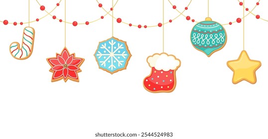 Christmas food sugar cookie seamless border. Winter gingerbread cookies hanging ornament bright beads garland. Xmas new year design for bakery, confectionery, cake or candy shop. Vector illustration.