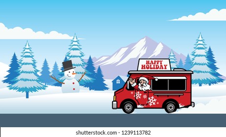 christmas food truck with cheerful santa claus