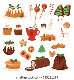 Christmas food vector desserts holiday decoration xmas family diner sweet celebration meal illustration. Traditional food festive winter cake homemade x-mas party.