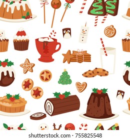 Christmas food vector desserts holiday decoration xmas family diner sweet celebration meal illustration. Traditional festive winter cake homemade x-mas seamless pattern background.